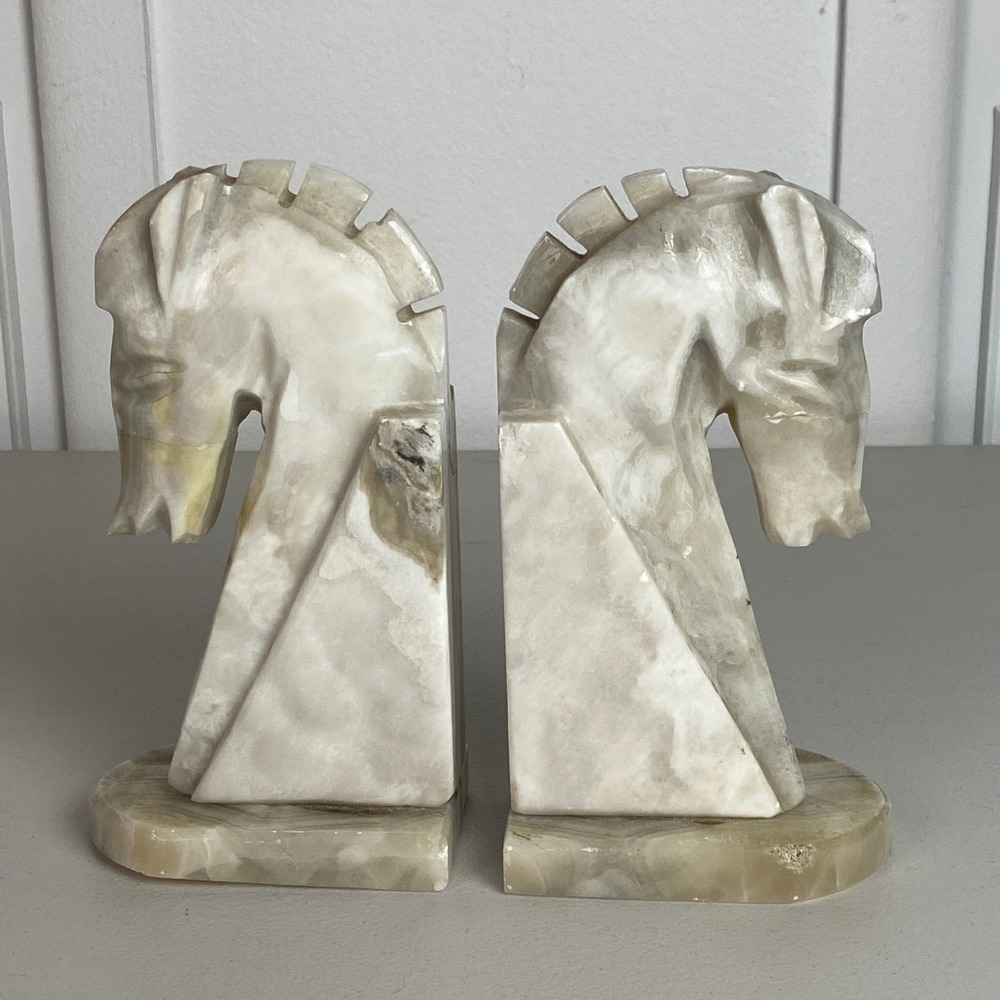 Marble Onyx 7.25" Horse Head Bookends Set Cream Tan Natural Stone Sculpture